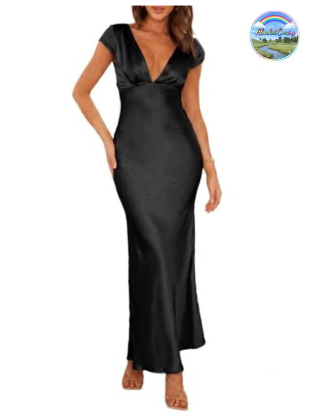 Satin V-Neck Cap Sleeve Midi Dress, Ruching Twist Back, Wedding Guest